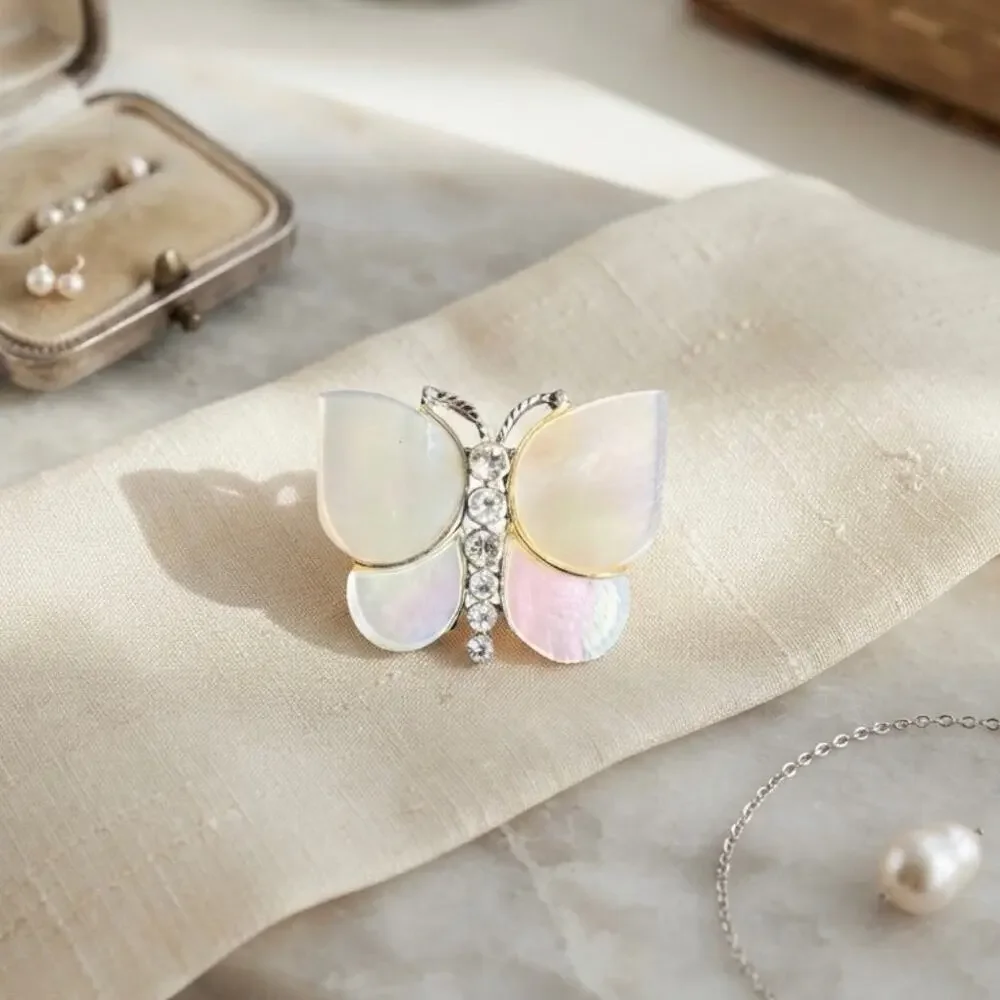 Vintage Monet Mother-of-Pearl and Rhinestone Butterfly Brooch